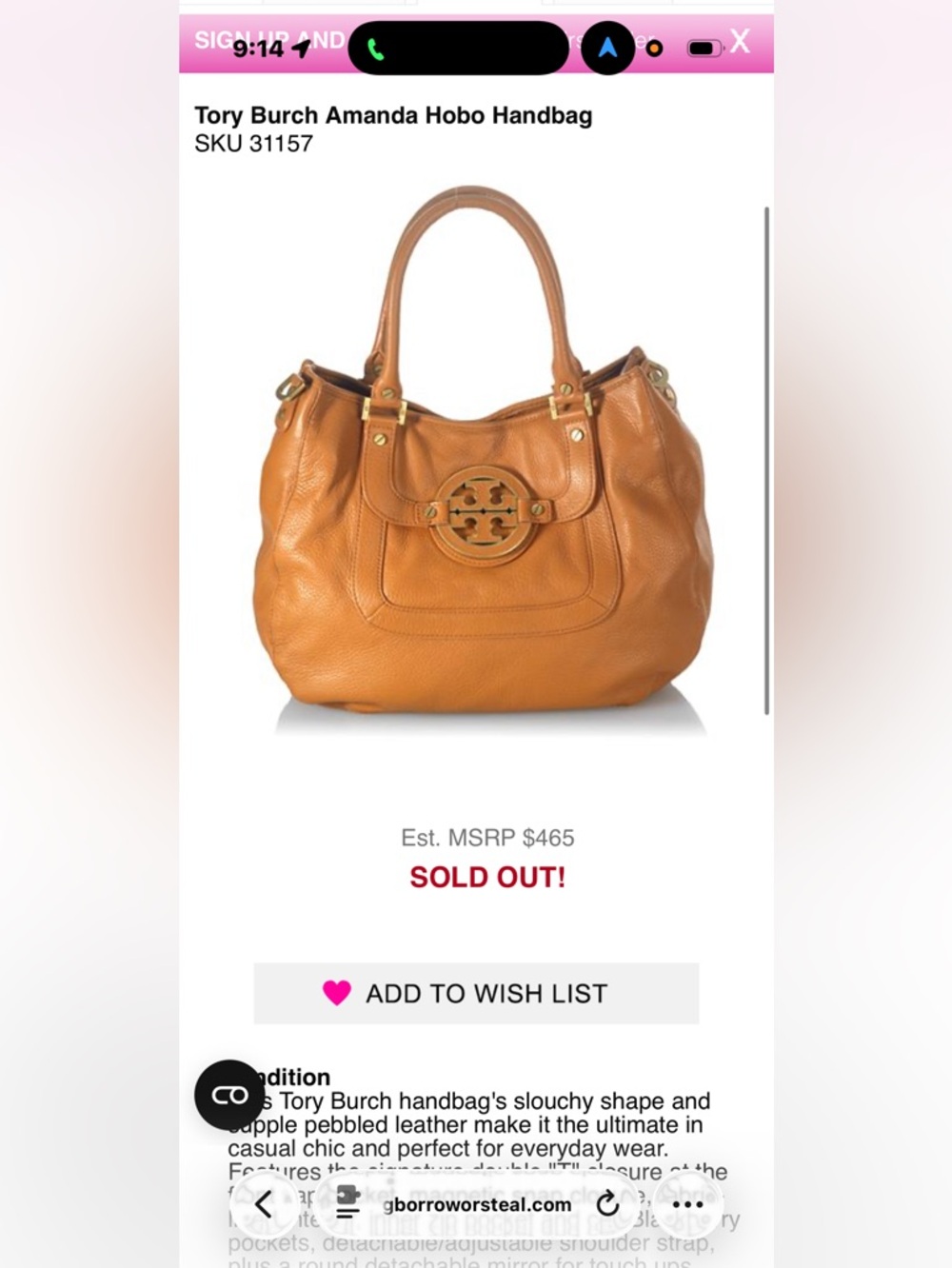 Tory Burch Cognac Pebbled Leather Shoulder Bag with Logo Medallion